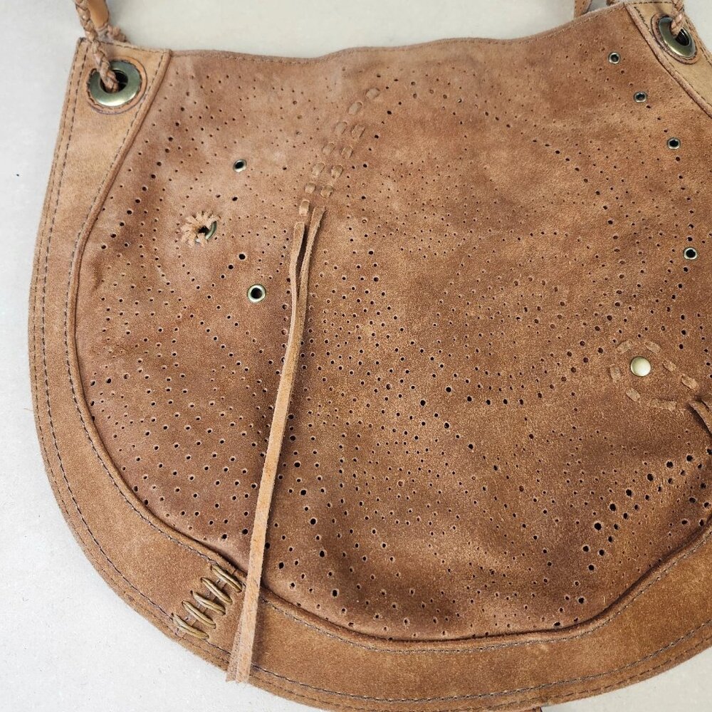 Lucky Brand Suede Hobo w/Fringe Brass Hardware Boho 13x16 Large - Picture 6 of 16